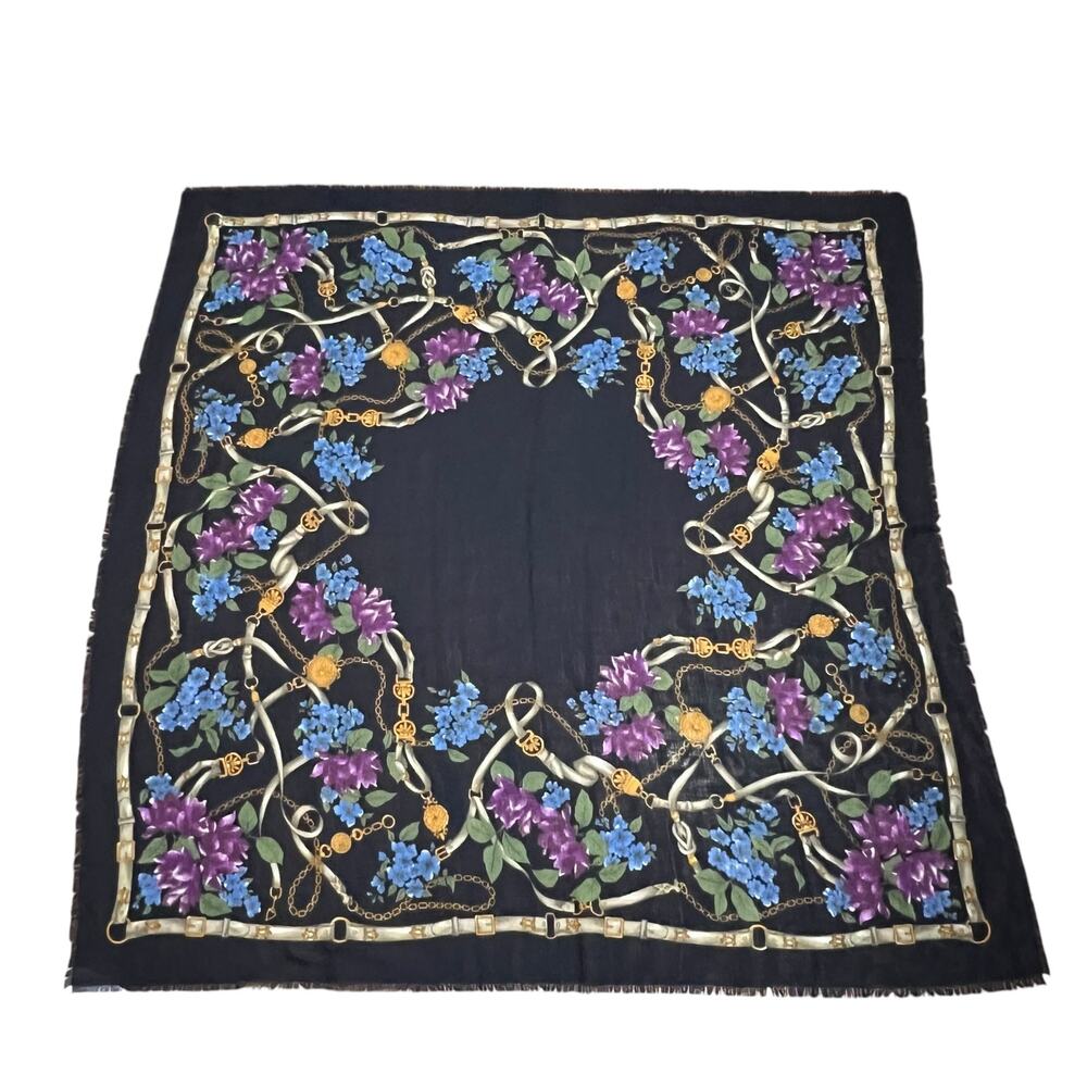 Vintage Woodward Wool Floral Chain Scarf Black & Gold, Made in Italy